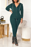 Blue Casual Solid Patchwork Hooded Collar Long Sleeve Two Pieces