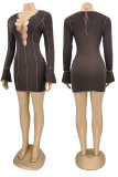 Green Sexy Solid Hollowed Out V Neck Pencil Skirt Dresses