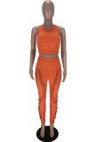 Orange Casual Solid Ripped Burn-out O Neck Sleeveless Two Pieces