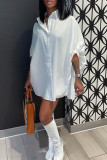 White Casual Solid Patchwork Buckle Turndown Collar Shirt Dress Dresses