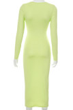 Yellow Sexy Solid Hollowed Out Patchwork Frenulum U Neck Pencil Skirt Dresses