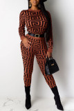 Brown Casual Print Split Joint O Neck Long Sleeve Two Pieces
