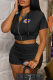 Black Casual Print Patchwork Zipper Collar Short Sleeve Two Pieces