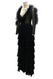 Black Fashion Sexy Patchwork See-through V Neck Long Sleeve Two Pieces