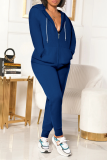 Blue Casual Solid Patchwork Hooded Collar Long Sleeve Two Pieces
