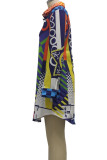 Multicolor Print Patchwork Buckle Turndown Collar Shirt Dress Dresses
