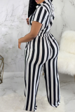 Black Casual Striped Patchwork Turndown Collar Straight Jumpsuits