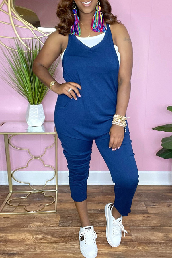 Navy Fashion Casual Solid Backless Spaghetti Strap Regular Jumpsuits (Without Vest)