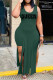 Green Casual Letter Print Patchwork Slit U Neck Two Pieces