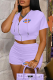 Purple Casual Print Patchwork Zipper Collar Short Sleeve Two Pieces