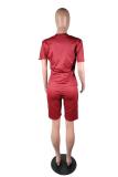 Wine Red Casual Fashion Slim fit Two Piece Suits Letter Solid Regular Short Sleeve