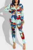 Pink Sexy Print Patchwork Buttons Knotted V Neck Long Sleeve Two Pieces