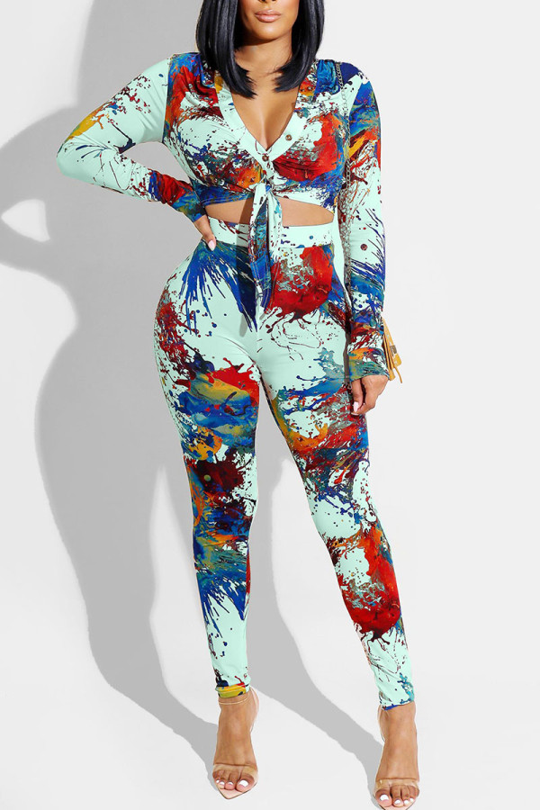 Blue Sexy Print Patchwork Buttons Knotted V Neck Long Sleeve Two Pieces