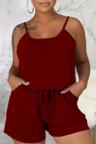 Burgundy Sexy Solid Patchwork Spaghetti Strap Regular Rompers