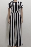 Black Casual Striped Patchwork Turndown Collar Straight Jumpsuits