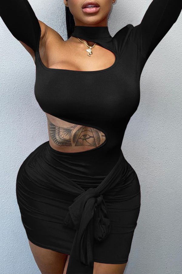 Black Sexy Solid Patchwork Half A Turtleneck Pencil Skirt Dresses