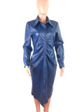Blue Casual Solid Patchwork Buckle Turndown Collar Outerwear