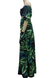 Green Sexy Print Patchwork Zipper Off the Shoulder Half Sleeve Two Pieces