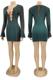 Green Sexy Solid Hollowed Out V Neck Pencil Skirt Dresses