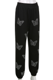 Pink Casual Butterfly Print Patchwork Harlan Mid Waist Harlan Full Print Bottoms