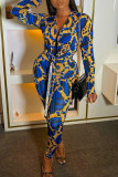 Blue Casual Print Bandage Patchwork V Neck Skinny Jumpsuits