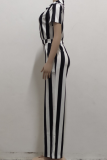 Black Casual Striped Patchwork Turndown Collar Straight Jumpsuits