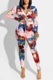 Pink Sexy Print Patchwork Buttons Knotted V Neck Long Sleeve Two Pieces