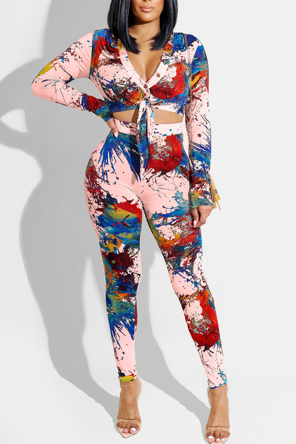 Pink Sexy Print Patchwork Buttons Knotted V Neck Long Sleeve Two Pieces