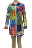 Multicolor Print Patchwork Buckle Turndown Collar Shirt Dress Dresses