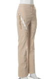 White Sexy Casual Solid Hollowed Out Patchwork Frenulum Straight High Waist Straight Solid Color Bottoms