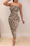 Leopard Print Sexy Leopard Split Joint Strapless Long Sleeve Two Pieces
