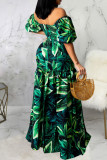 Green Sexy Print Patchwork Zipper Off the Shoulder Half Sleeve Two Pieces
