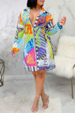 Multicolor Print Patchwork Buckle Turndown Collar Shirt Dress Dresses