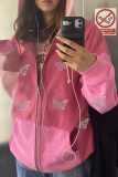 Pink Casual Butterfly Print Patchwork Hooded Collar Outerwear