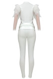 White Casual Solid Patchwork See-through Mesh O Neck Long Sleeve Two Pieces