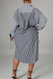 Grey Casual Striped Print Patchwork Buckle Turndown Collar Shirt Dress Dresses
