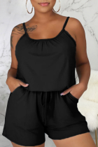Black Sexy Solid Patchwork Spaghetti Strap Regular Rompers