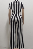 Black Casual Striped Patchwork Turndown Collar Straight Jumpsuits