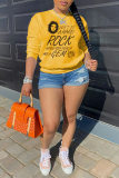 Yellow Fashion Casual Print Basic O Neck Tops
