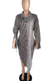 Grey Casual Striped Print Patchwork Buckle Turndown Collar Shirt Dress Dresses