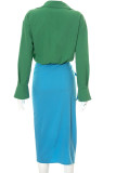 Turquoise Sexy Solid Split Joint Knotted Asymmetrical Turndown Collar Long Sleeve Two Pieces
