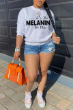 White Fashion Casual Letter Print Basic O Neck Tops