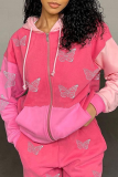 Pink Casual Butterfly Print Patchwork Hooded Collar Outerwear
