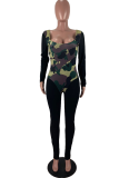 Purplish Red Sexy Camouflage Print Patchwork V Neck Skinny Jumpsuits