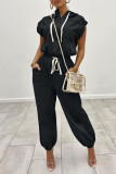 Coffee Casual Solid Patchwork Zipper Hooded Collar Two Pieces