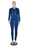 Blue Casual Solid Patchwork Hooded Collar Long Sleeve Two Pieces