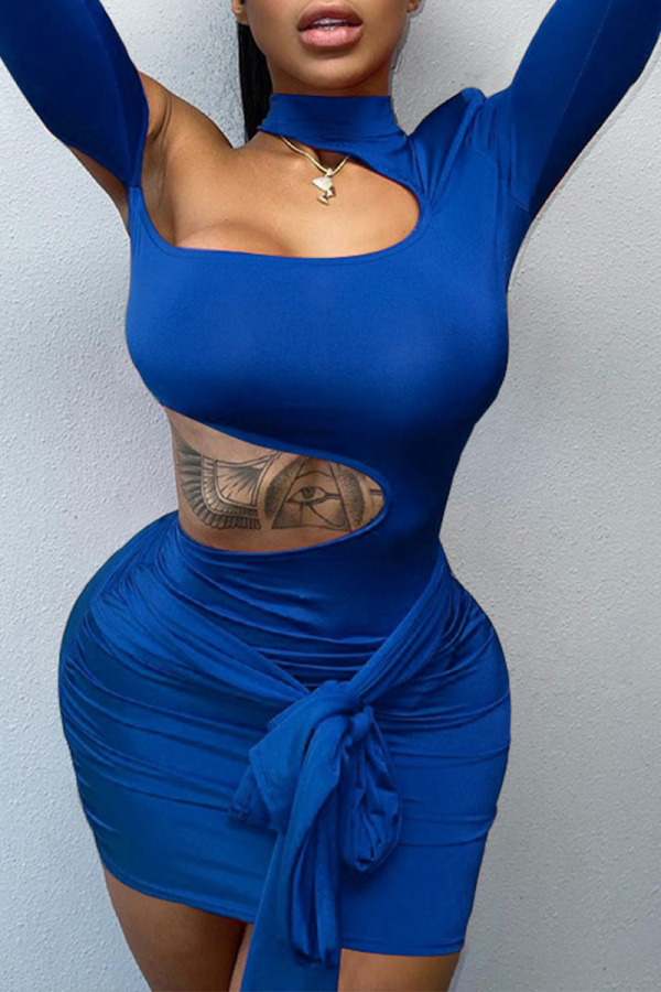 Blue Sexy Solid Patchwork Half A Turtleneck Pencil Skirt Dresses