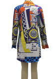 Multicolor Print Patchwork Buckle Turndown Collar Shirt Dress Dresses