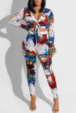 Pink Sexy Print Patchwork Buttons Knotted V Neck Long Sleeve Two Pieces