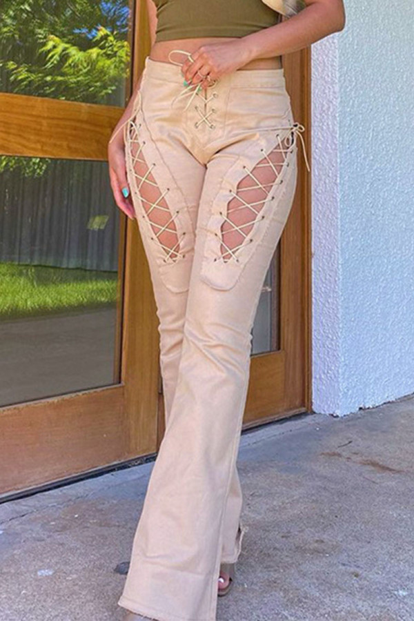Khaki Sexy Casual Solid Hollowed Out Patchwork Frenulum Straight High Waist Straight Solid Color Bottoms